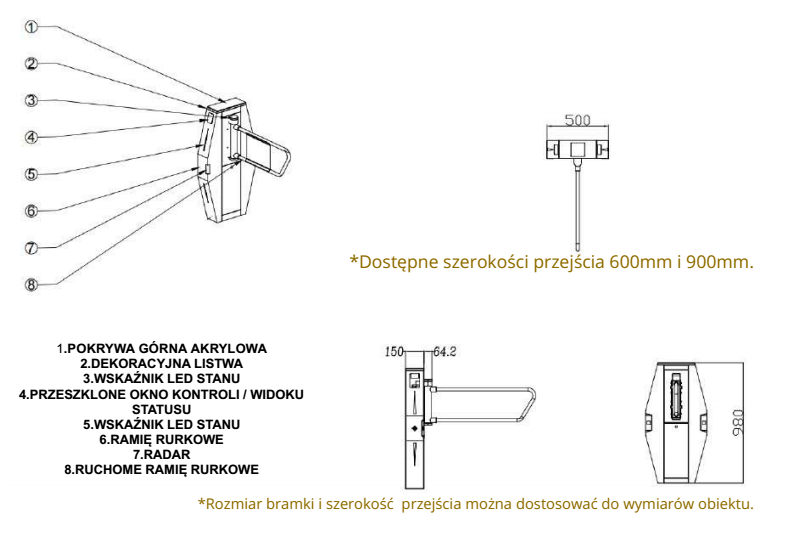WYMIARY BRAMKI KONTROLA DOSTĘPU CP-LX311
