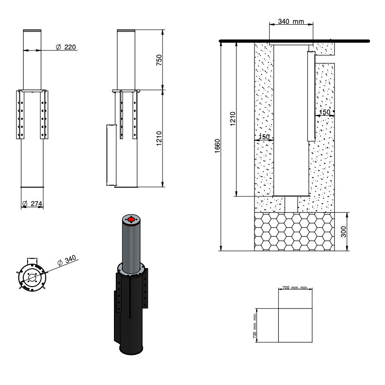 WYMIARY SŁUPKA PARKINGOWEGO AUTOMATYCZNEGO BENITO TELESCOPIC Ø220 x 750mm H75013