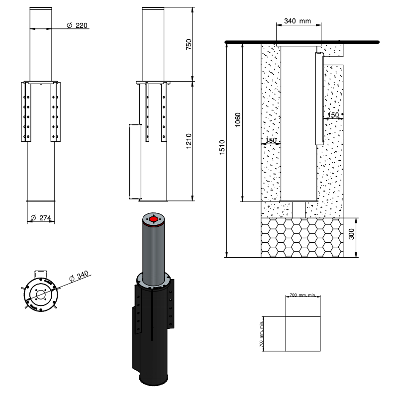 WYMAIRY SŁUPKA PARKINGOWEGO AUTOMATYCZNEGO BENITO PLAZA Ø220 x 750mm H7508