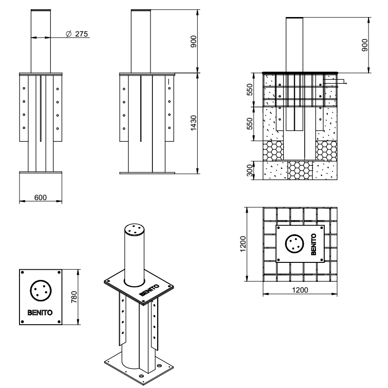 WYMIARY SŁUPKA PARKINGOWEGO AUTOMATYCZNEGO BENITO RESIDENT Ø220 x 600mm H6006