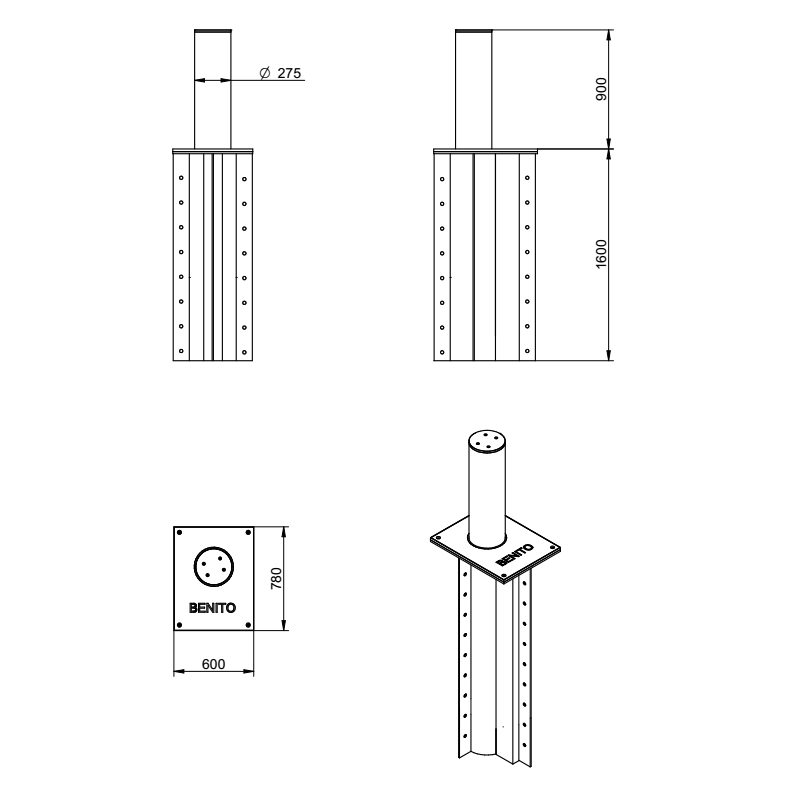 WYMIARY SŁUPKA PARKINGOWEGO AUTOMATYCZNEGO BENITO RESIDENT Ø220 x 600mm H6006