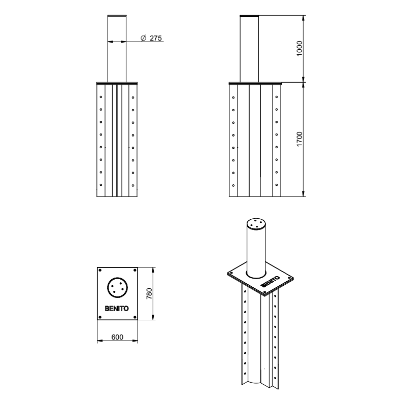 WYMIARY SŁUPKA PARKINGOWEGO AUTOMATYCZNEGO BENITO RESIDENT Ø220 x 600mm H6006