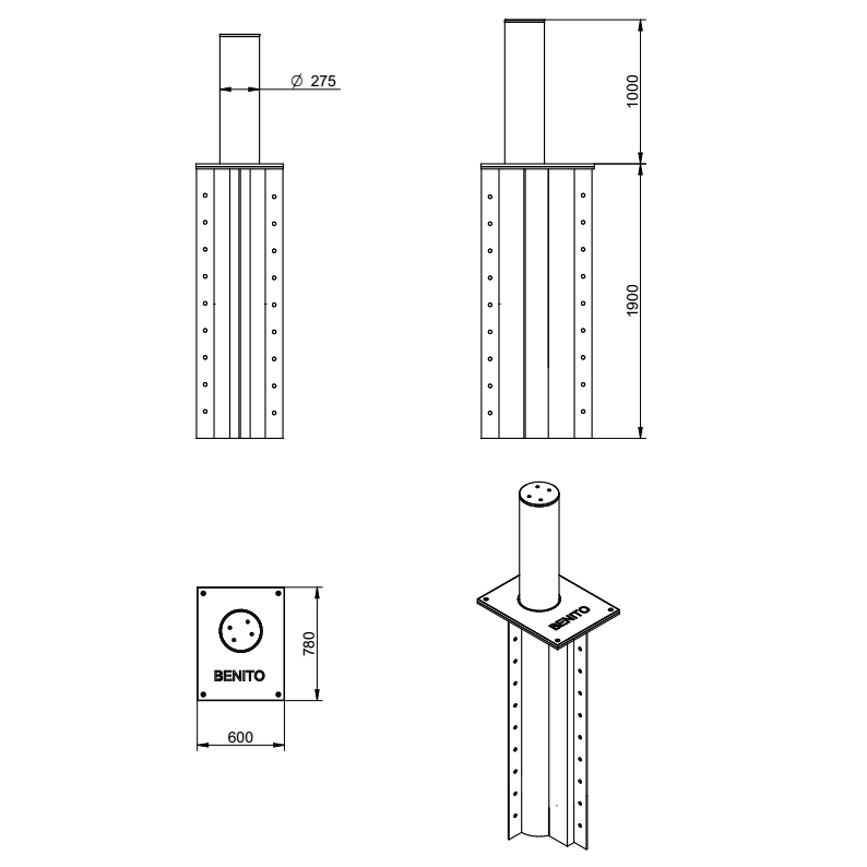 WYMIARY SŁUPKA PARKINGOWEGO AUTOMATYCZNEGO ANTYTERRORYSTYCZNEGO BENITO DEFENDER Ø275 x 1200mm HM5012