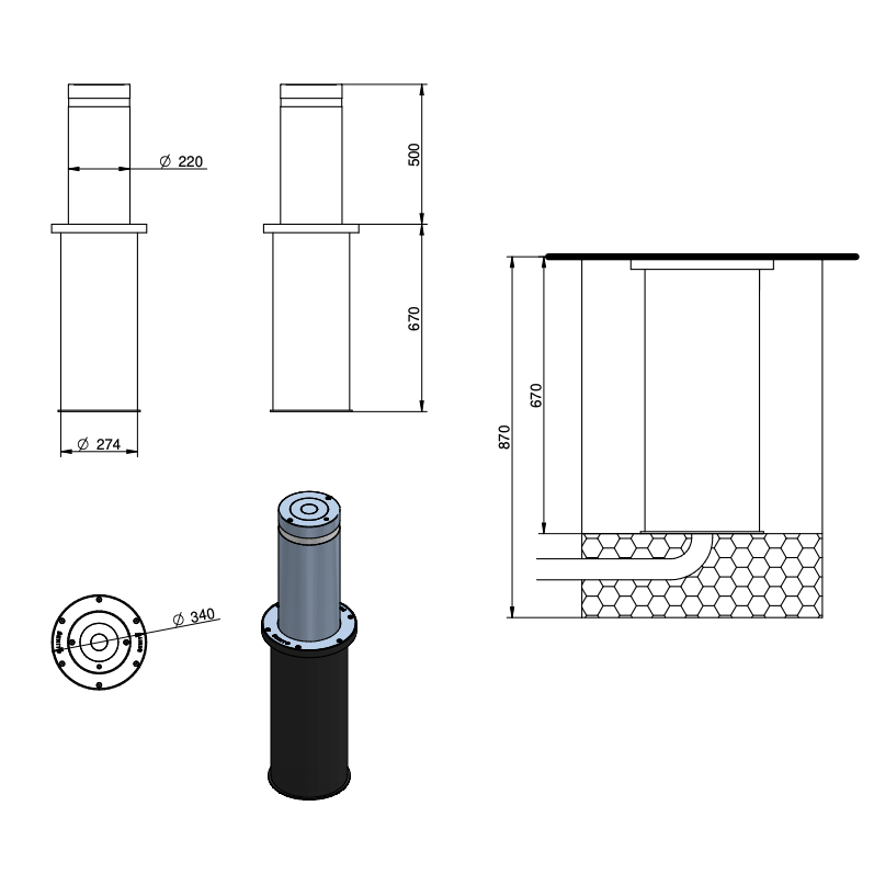 WYMIARY SŁUPKA PARKINGOWEGO PÓŁAUTOMATYCZNEGO BENITO PLAZA Ø220 x 500mm H2204