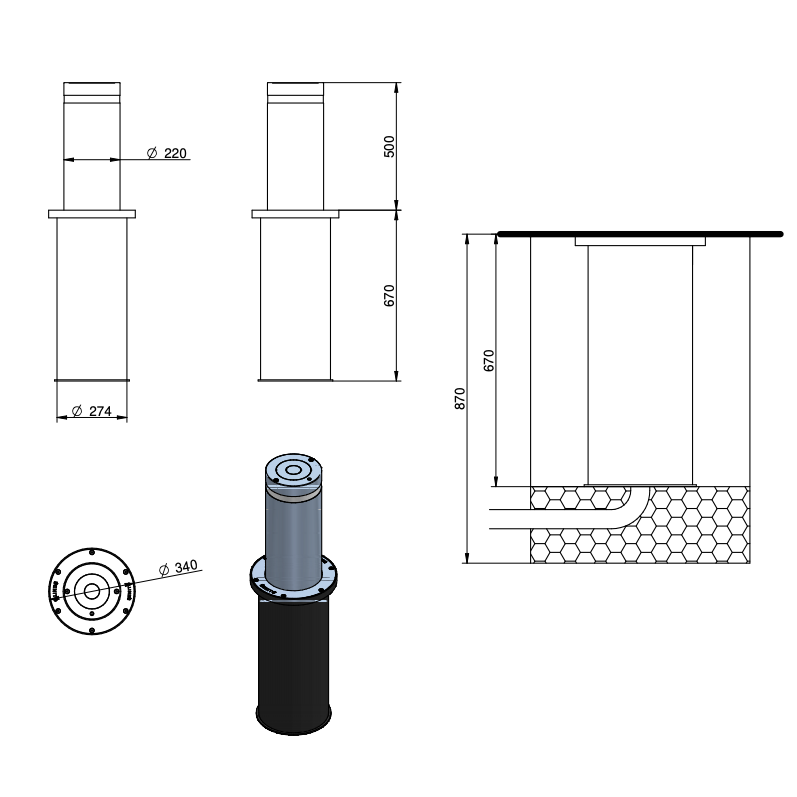 WYMIARY SŁUPKA PARKINGOWEGO PÓŁAUTOMATYCZNEGO BENITO PLAZA Ø220 x 500mm H2204