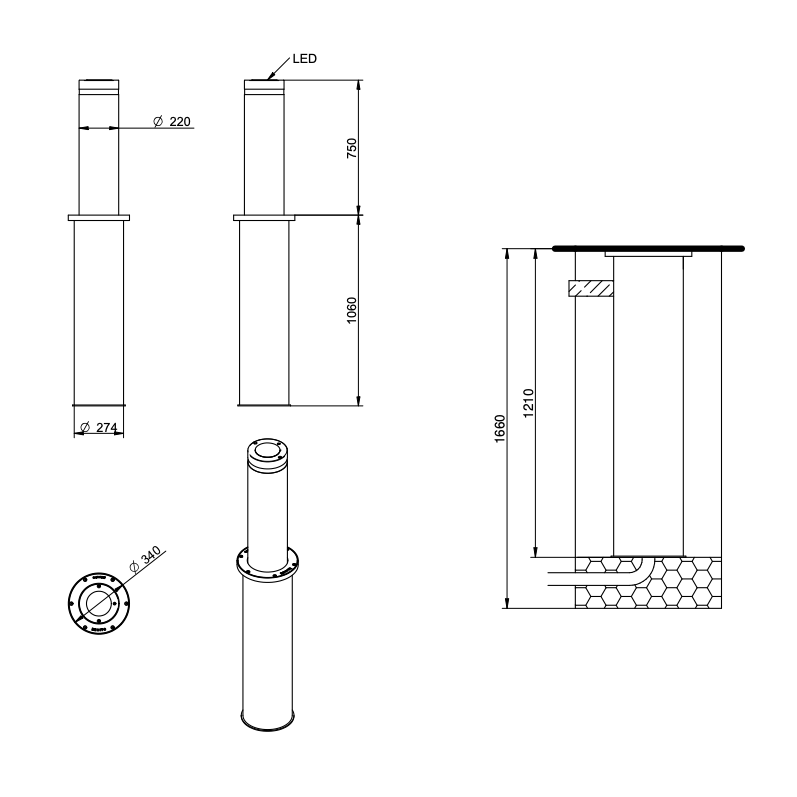 WYMIARY SŁUPKA PARKINGOWEGO PÓŁAUTOMATYCZNEGO BENITO PLAZA Ø220 x 750mm H2208H75