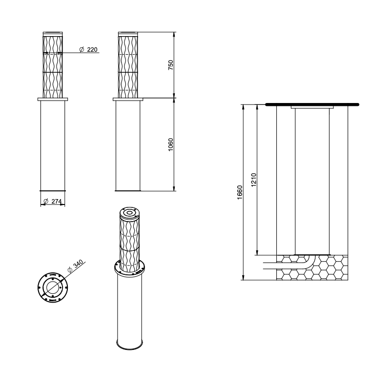 WYMIARY SŁUPKA PARKINGOWEGO PÓŁAUTOMATYCZNEGO BENITO RAMBLA Ø220 x 750mm H2208H75R